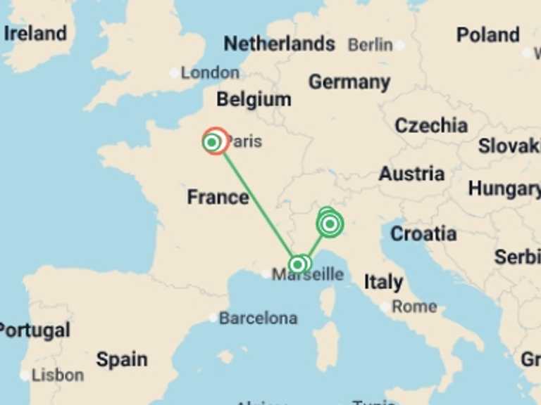 Map of Europe Tour with 3 destination visits for the trip: Splendors Of Italy, French Riviera And Paris