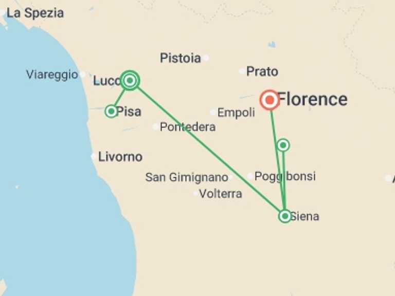 Map itinerary of Mediterranean Tour in March 2027 with 3 destination visits for the trip: Tuscany Highlights, Semi-private Tour