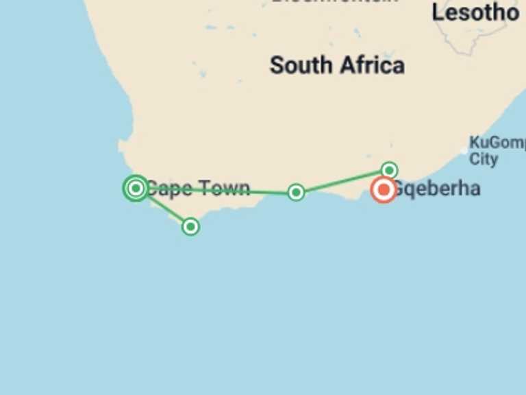 Map itinerary of Africa Tour in June 2026 with 7 destination visits for the trip: The Garden Route - 8 days