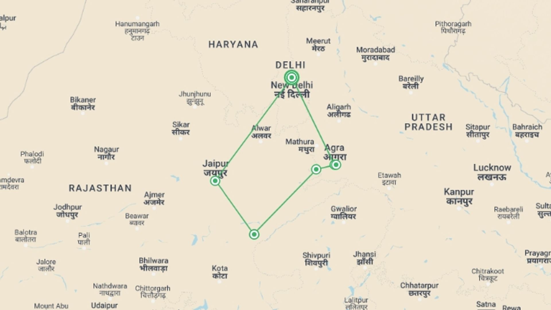 A map showing the tour itinerary for the trip: Essential India (4 Star Hotels), starting in New Delhi, India and ending in New Delhi, India going through 4 other destinations.