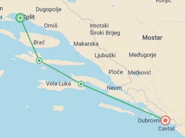 Map of Mediterranean Tour with 4 destination visits for the trip: Split, Hvar, Korcula & Dubrovnik - 8 days