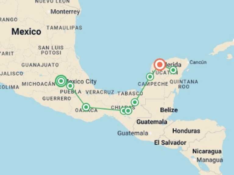 Map of North America Tour with 9 destination visits for the trip: A Taste of Mexico - Markets and Mayan Sites