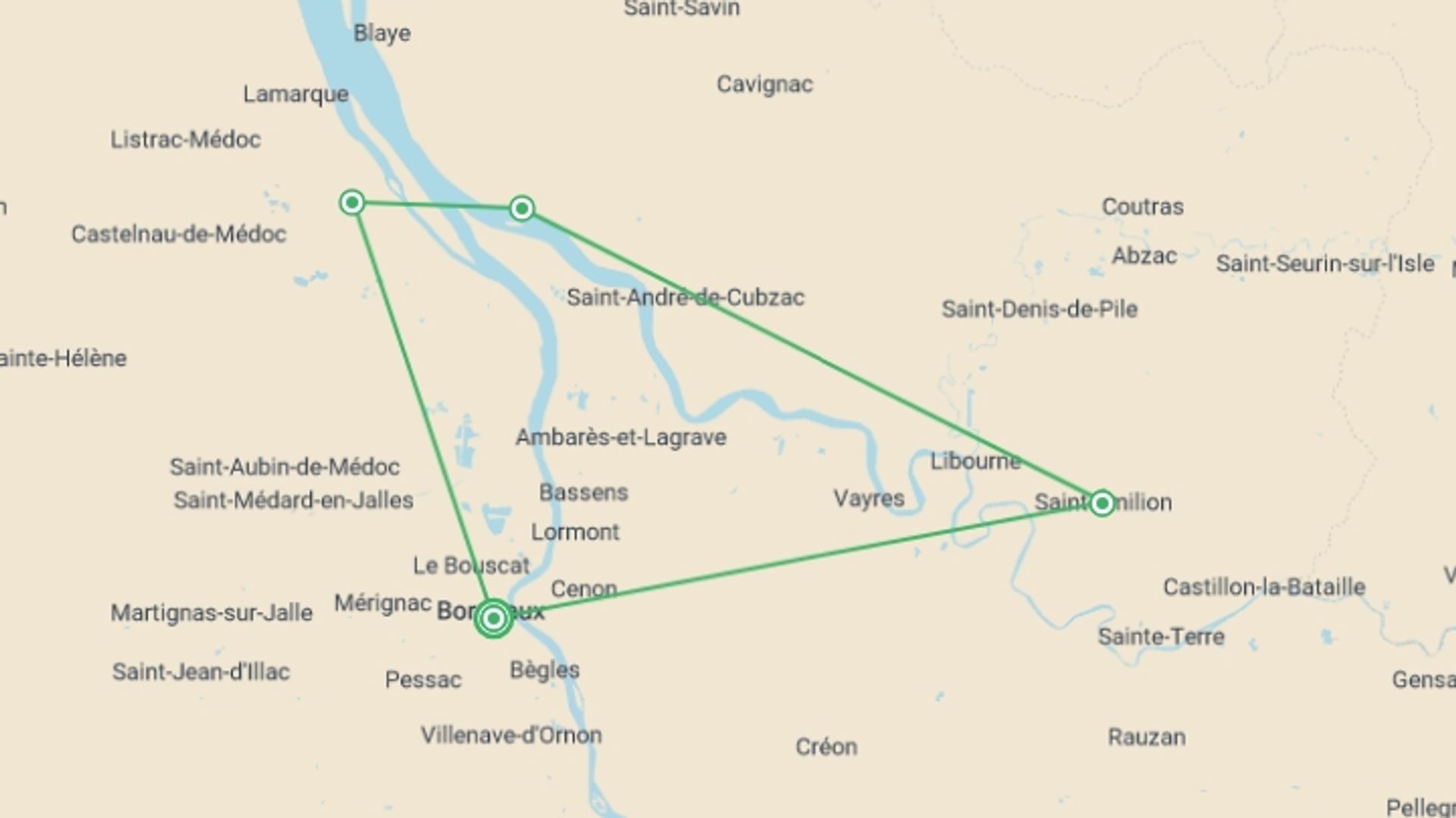 A map showing the tour itinerary for the trip: Bordeaux Vineyard Cycle, starting in Bordeaux, France and ending in Bordeaux, France going through 3 other destinations.