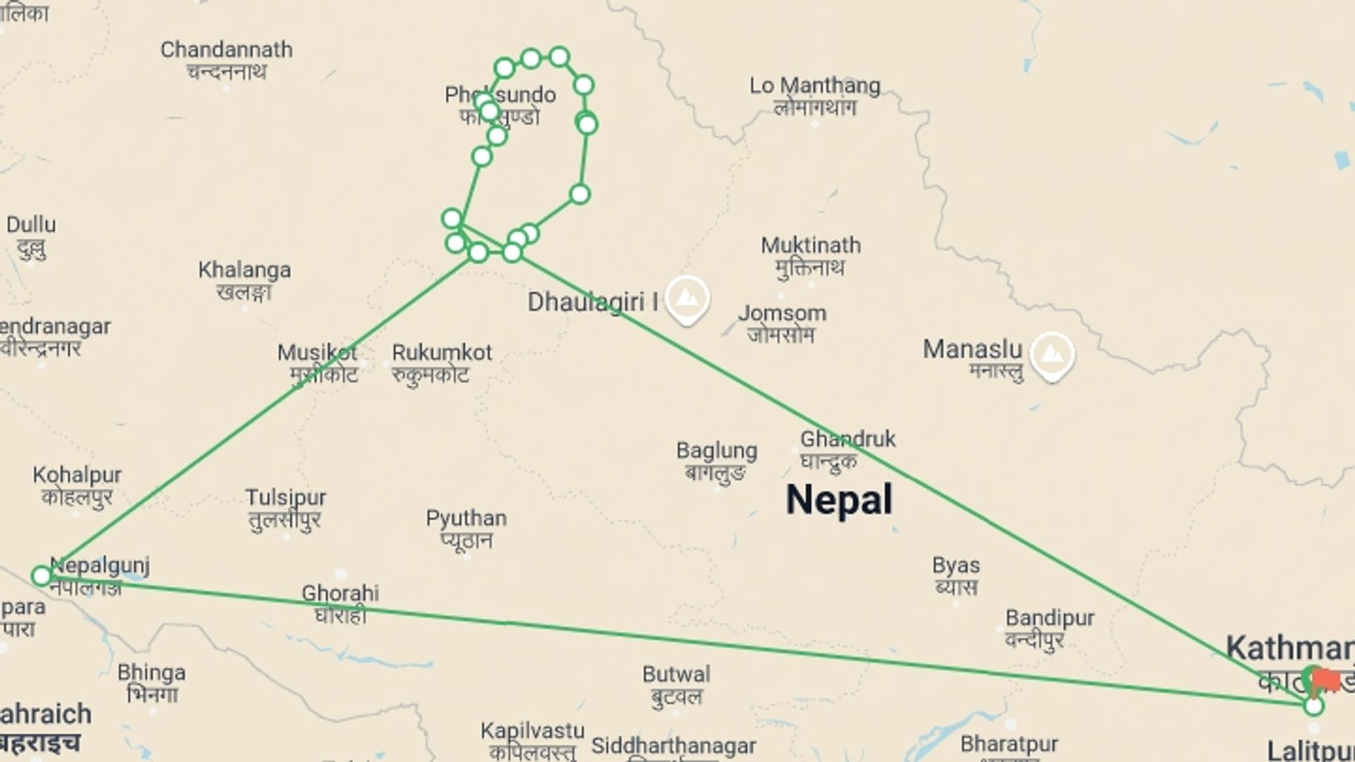 A map showing the tour itinerary for the trip: Upper Dolpo Trek , starting in Kathmandu, Nepal and ending in Kathmandu, Nepal going through 19 other destinations.