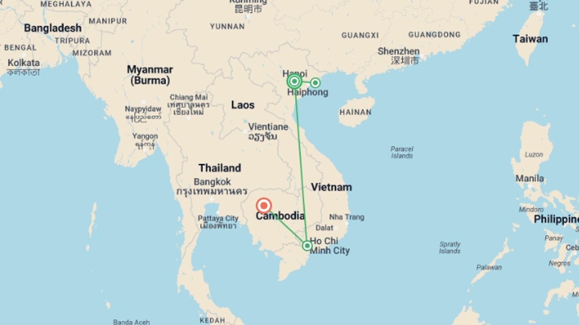 A map showing the tour itinerary for the trip: Vietnam And Cambodia At A Glance, starting in Hanoi, Vietnam and ending in Siem Reap, Cambodia going through 4 other destinations.