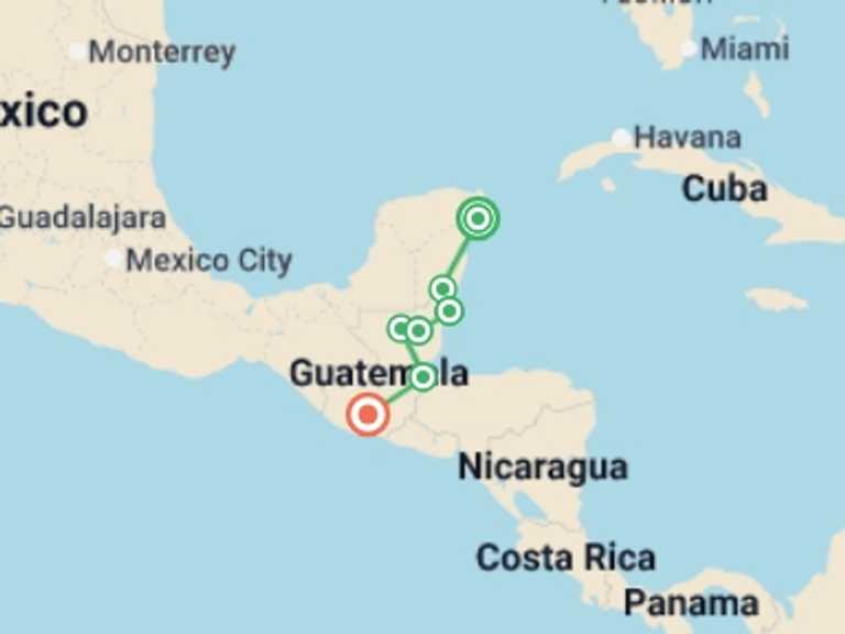 Map of North America Tour with 7 destination visits for the trip: Maya Encounter