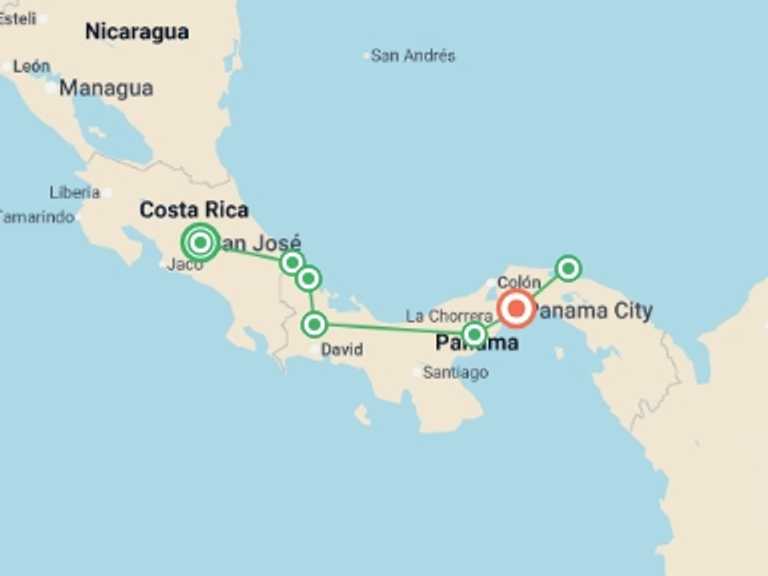 Map itinerary of San Jose Tour in January 2027 with 7 destination visits for the trip: Panama: Craters, Coasts & Highland Mountains