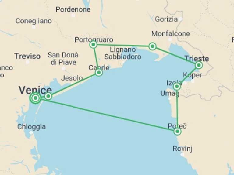 Map of 8-Day Venice Tour with 7 destination visits for the trip: Ancient Venetian Empire by Bike