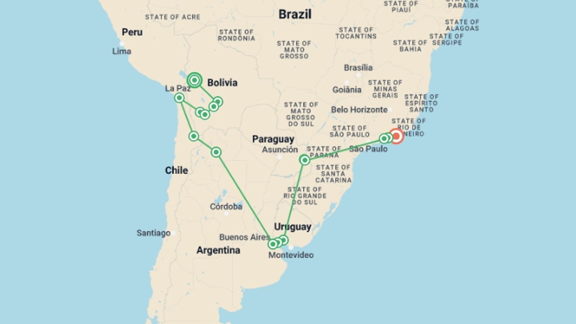A map showing the tour itinerary for the trip: Explore Bolivia to Brazil, starting in La Paz, Bolivia and ending in Rio de Janeiro, Brazil going through 14 other destinations.