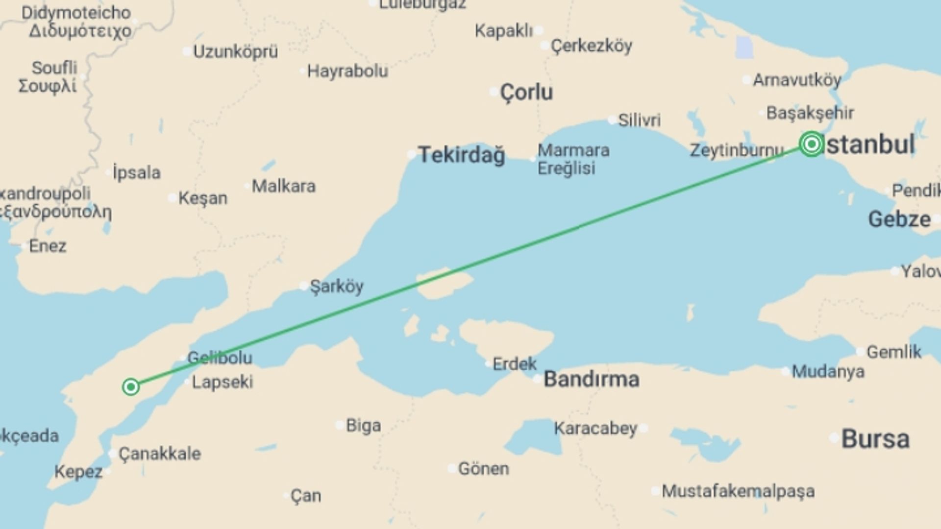 A map showing the tour itinerary for the trip: ANZAC Day Express - 4 days, starting in Istanbul, Turkey and ending in Istanbul, Turkey going through 1 other destinations.