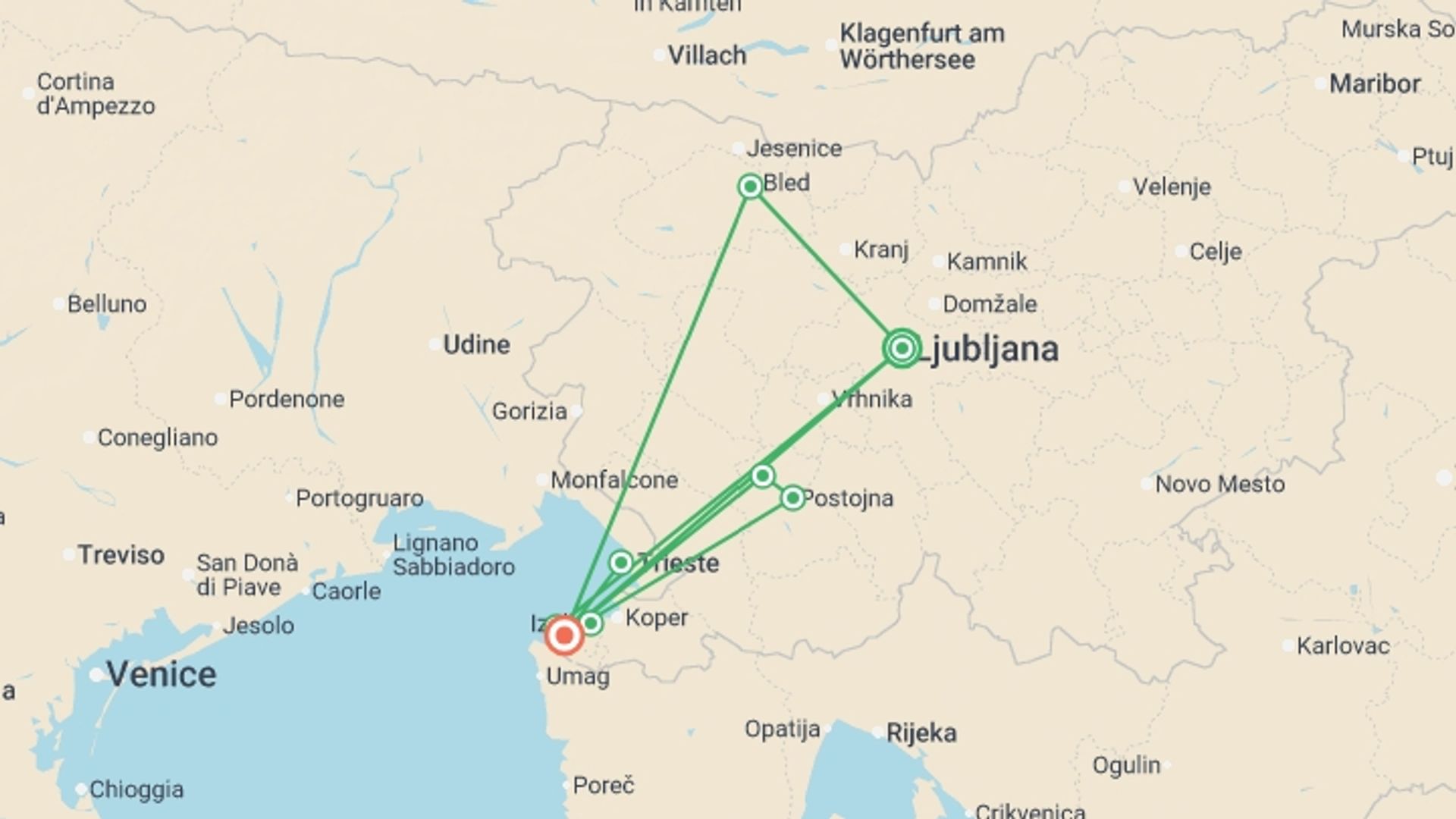 A map showing the tour itinerary for the trip: Slovenia & Trieste - 8 days, starting in Ljubljana, Slovenia and ending in Portoroz, Slovenia going through 0 other destinations.