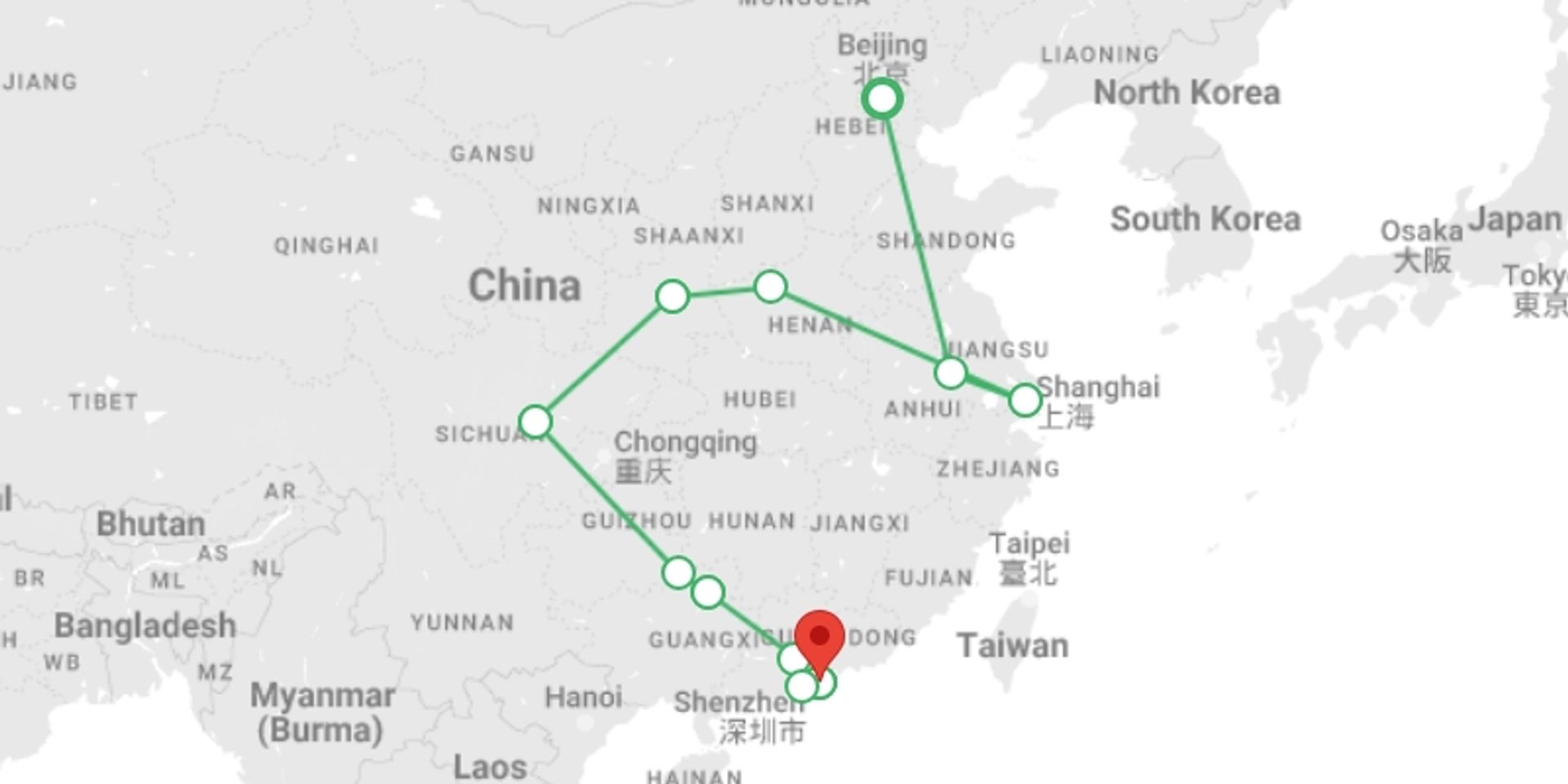 A map showing the tour itinerary for the trip: Golden Triangle and South of China end Hong Kong, starting in Beijing, China and ending in Hong Kong, Hong Kong going through 11 other destinations.
