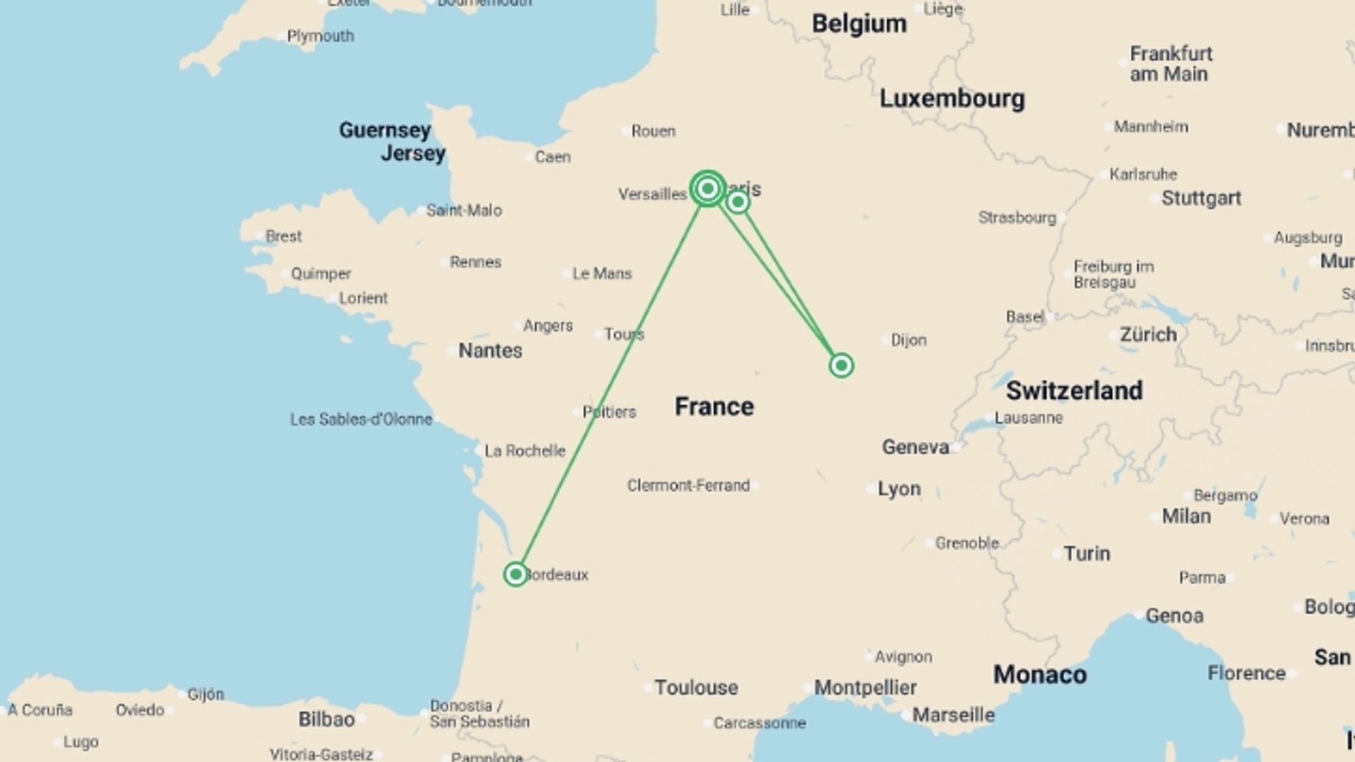 A map showing the tour itinerary for the trip: Bordeaux, Burgundy & Champagne, starting in Paris, France and ending in Paris, France going through 3 other destinations.