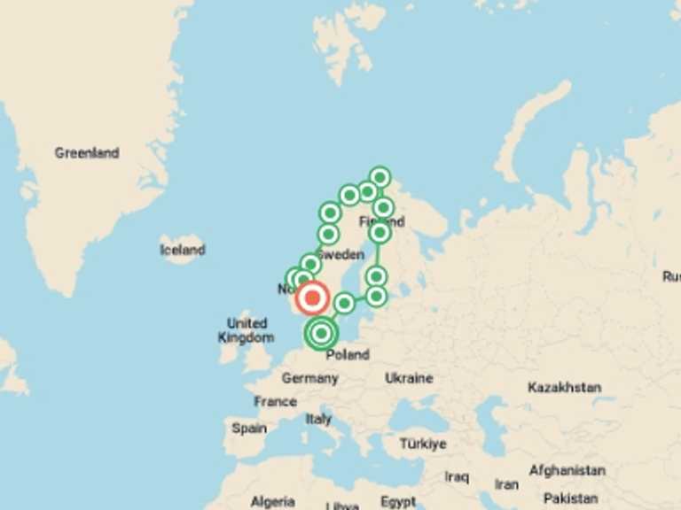 Map itinerary of Europe Tour in June 2026 with 14 destination visits for the trip: Nordic Adventure
