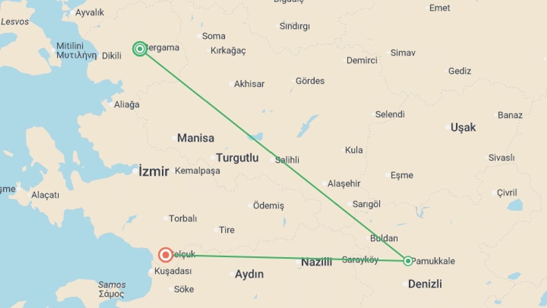 A map showing the tour itinerary for the trip: 3 Days - Seven Churches Of Revelation - Private / Mini Group Tour, starting in Pergamum, Turkey and ending in Ephesus, Turkey going through 2 other destinations.