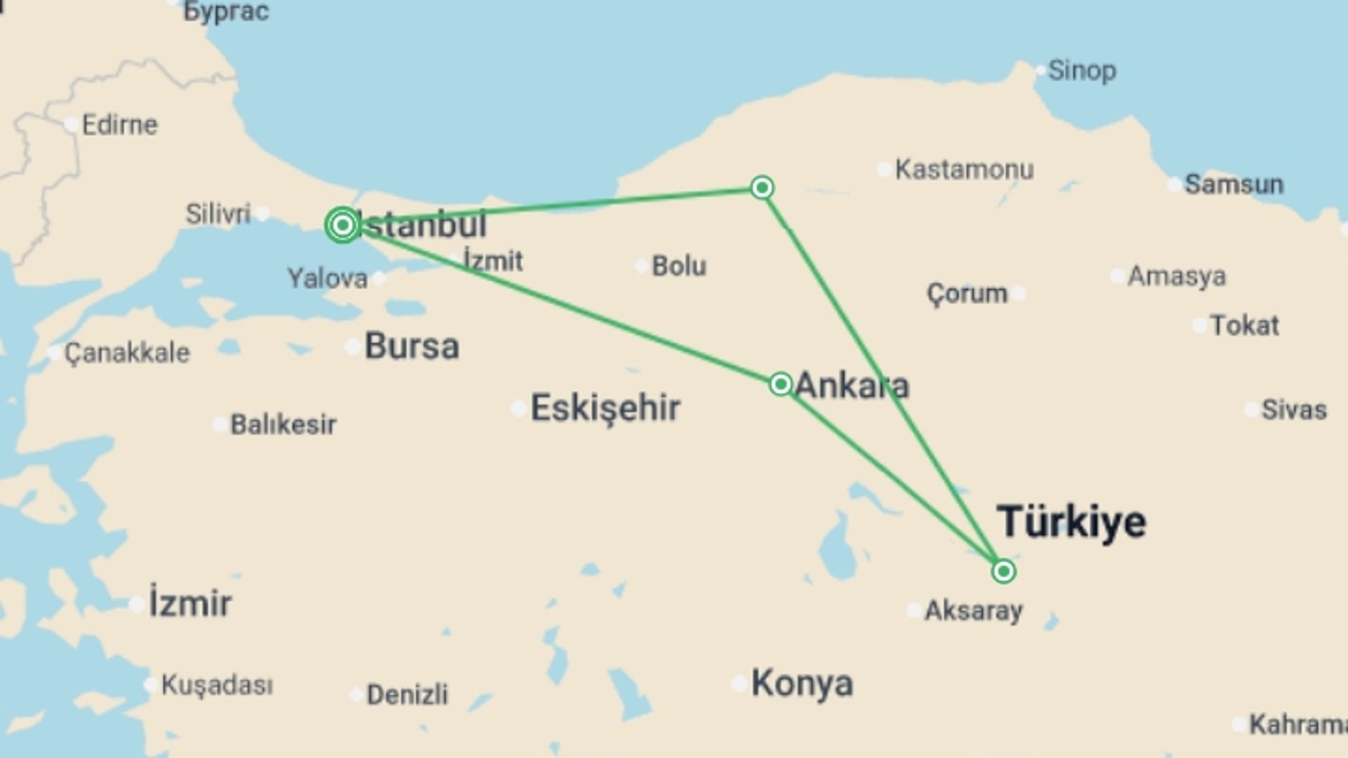 A map showing the tour itinerary for the trip: Turkish colours, starting in Istanbul, Turkey and ending in Istanbul, Turkey going through 3 other destinations.