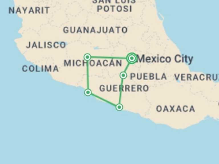 Map of North America Tour with 5 destination visits for the trip: Mexico: Between Beaches and Magic Villages
