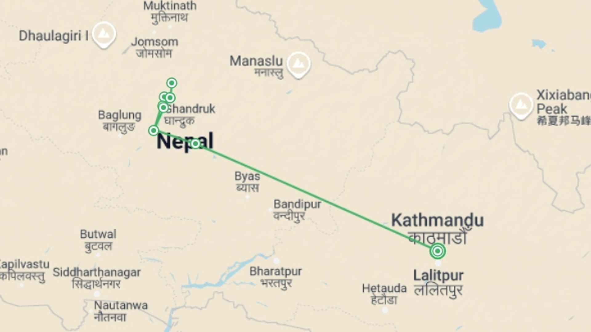 A map showing the tour itinerary for the trip: Annapurna Base Camp Trek, starting in Kathmandu, Nepal and ending in Kathmandu, Nepal going through 8 other destinations.