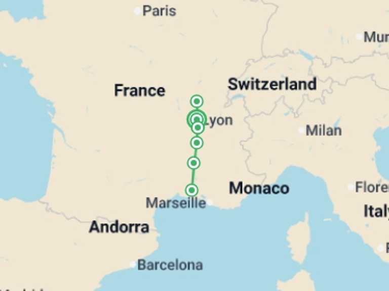 Map of Europe Tour with 6 destination visits for the trip: Art and History along the Rhône (port-to-port cruise)