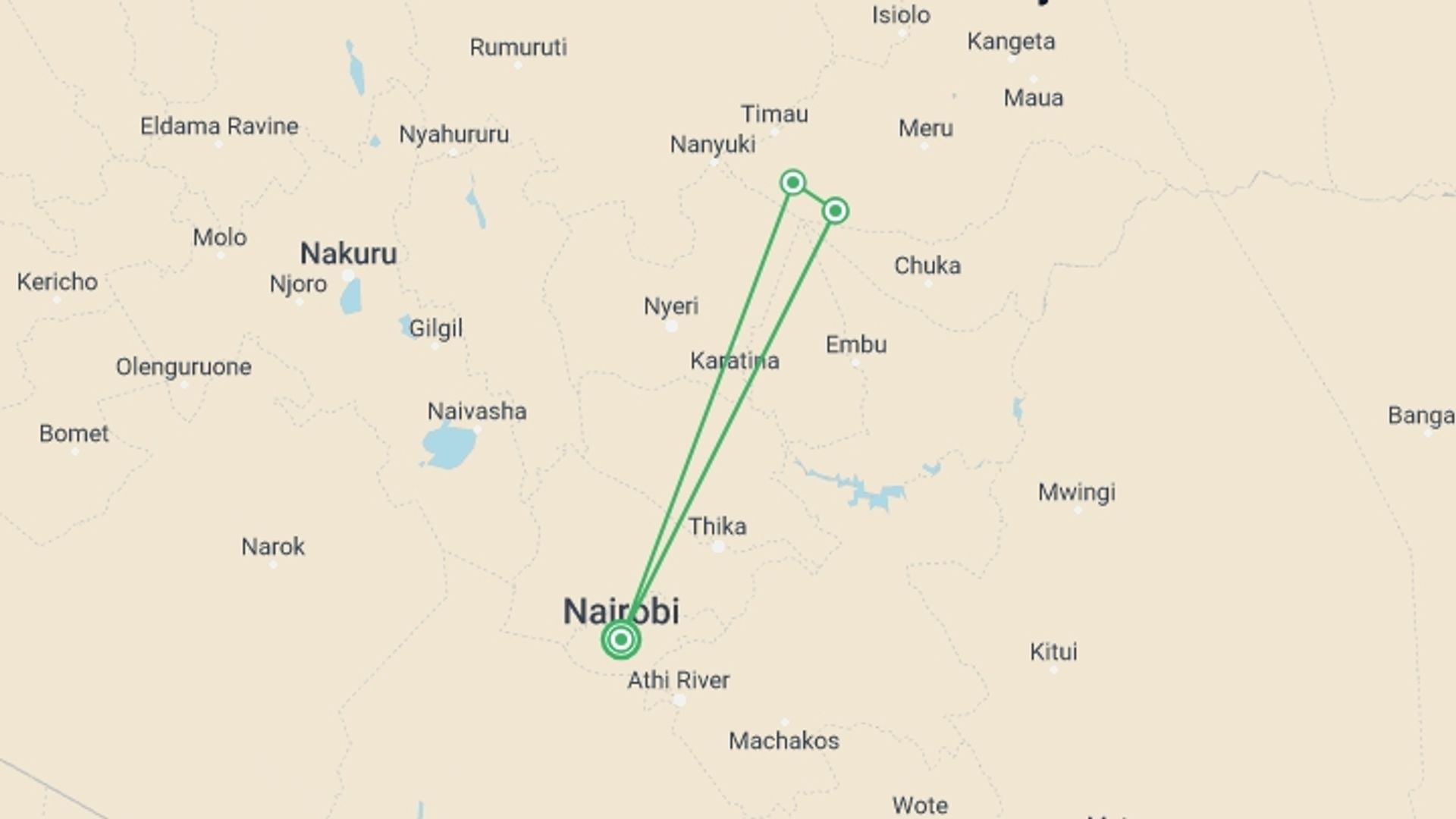 A map showing the tour itinerary for the trip: Mount Kenya Trek - Chogoria & Sirimon route  combo 5 days, starting in Nairobi, Kenya and ending in Nairobi, Kenya going through 3 other destinations.