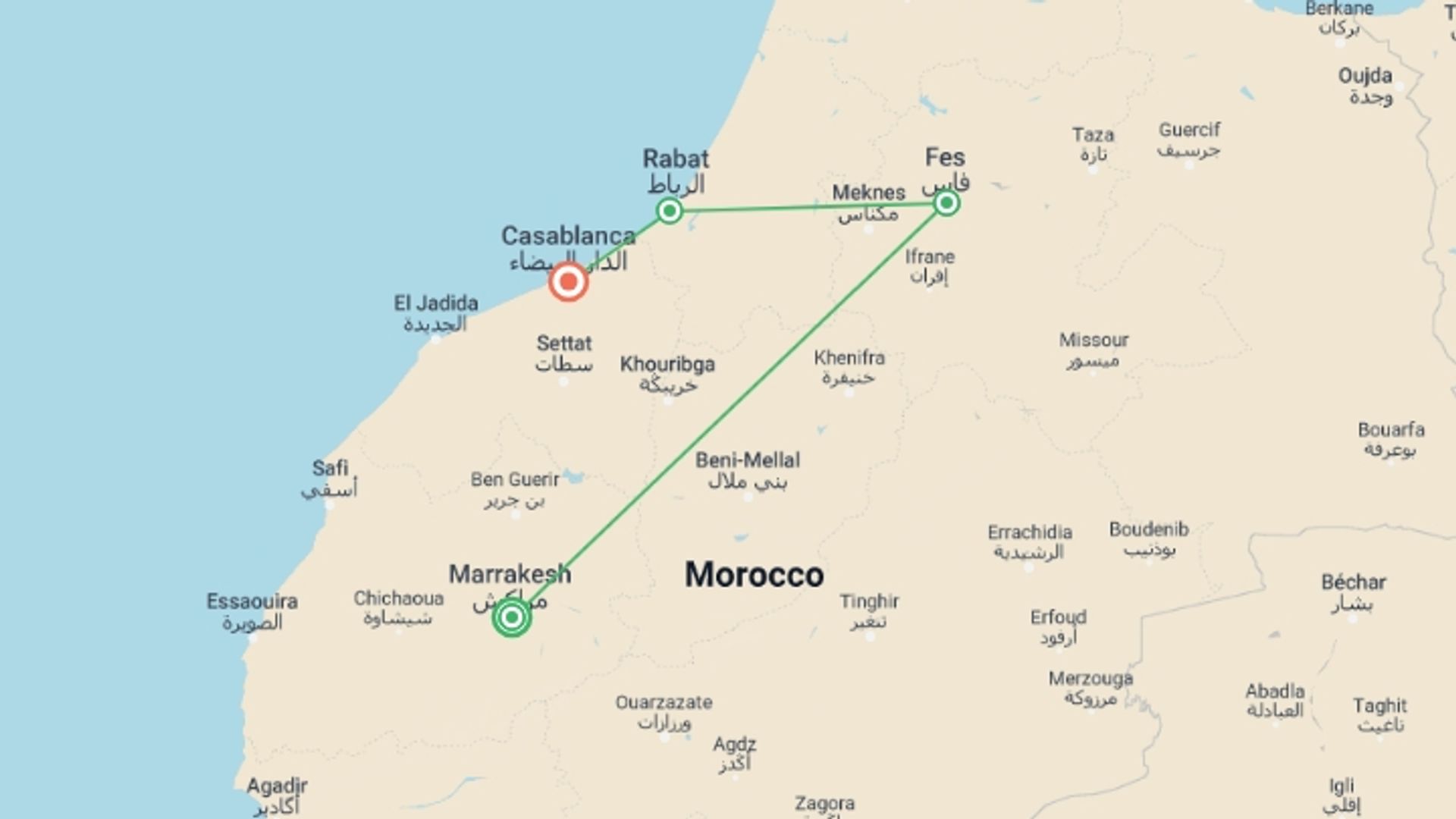 A map showing the tour itinerary for the trip: Discover Morocco: From Marrakech to Casablanca, starting in Marrakech, Morocco and ending in Casablanca, Morocco going through 2 other destinations.