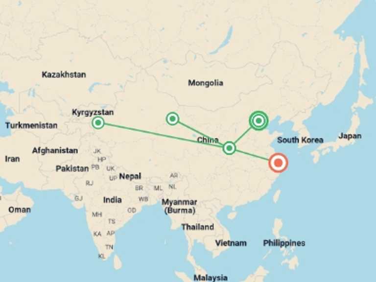 Map itinerary of China Tour in July 2027 with 6 destination visits for the trip: Two-Week Journey Through the Silk Road