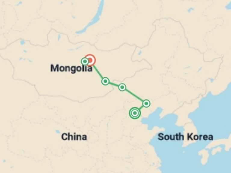 Map of Asia Tour with 6 destination visits for the trip: Trans-Mongolian Railway Adventure