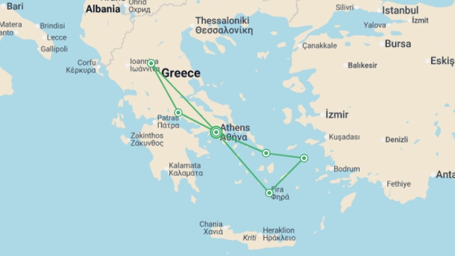 A map showing the tour itinerary for the trip: Highlights of Greece with Cruise, starting in Athens, Greece and ending in Athens, Greece going through 5 other destinations.