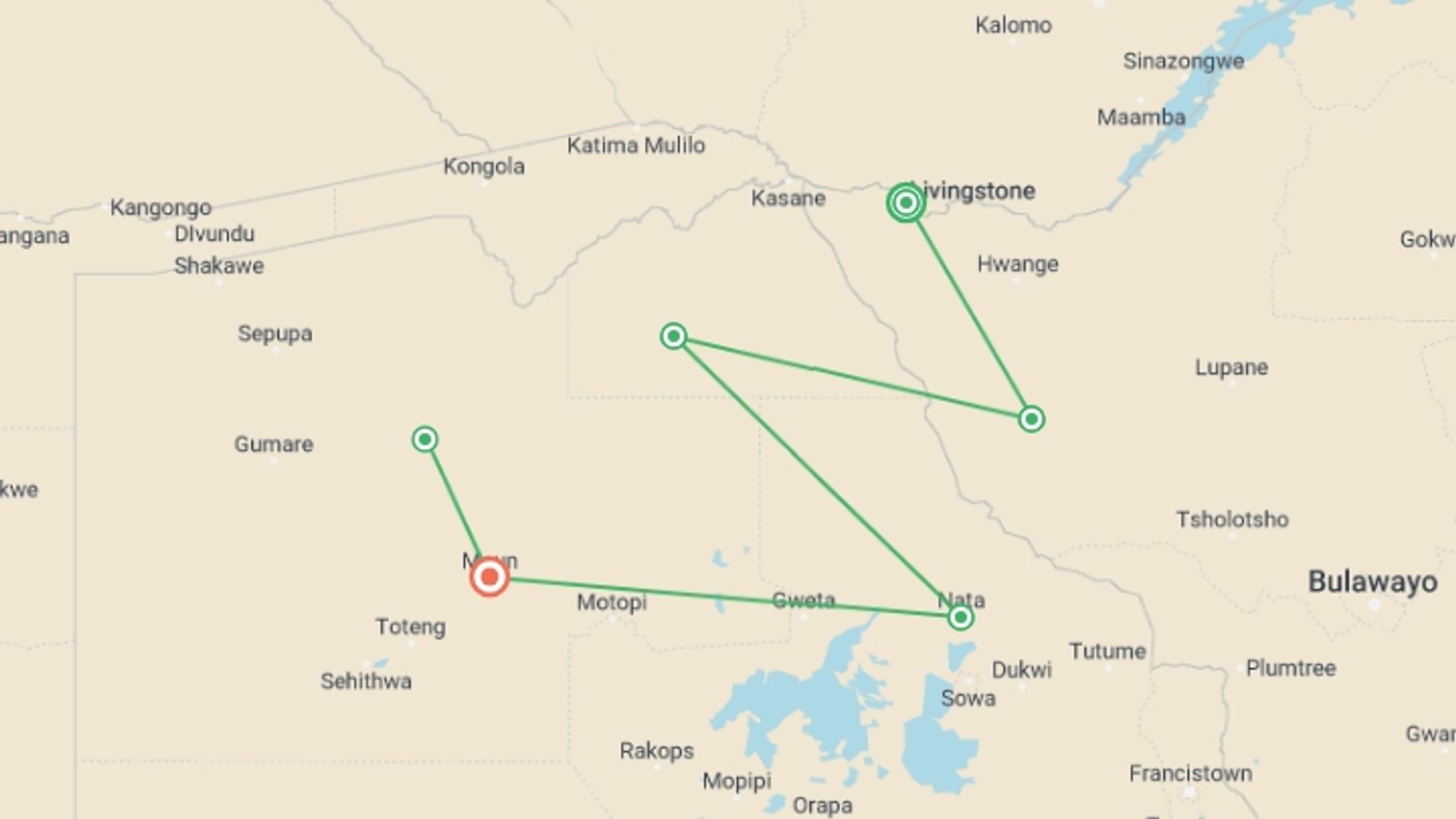 A map showing the tour itinerary for the trip: Zimbabwe & Chobe Safari: From Victoria Falls to the Okavango, starting in Victoria Falls, Zimbabwe and ending in Maun, Botswana going through 3 other destinations.