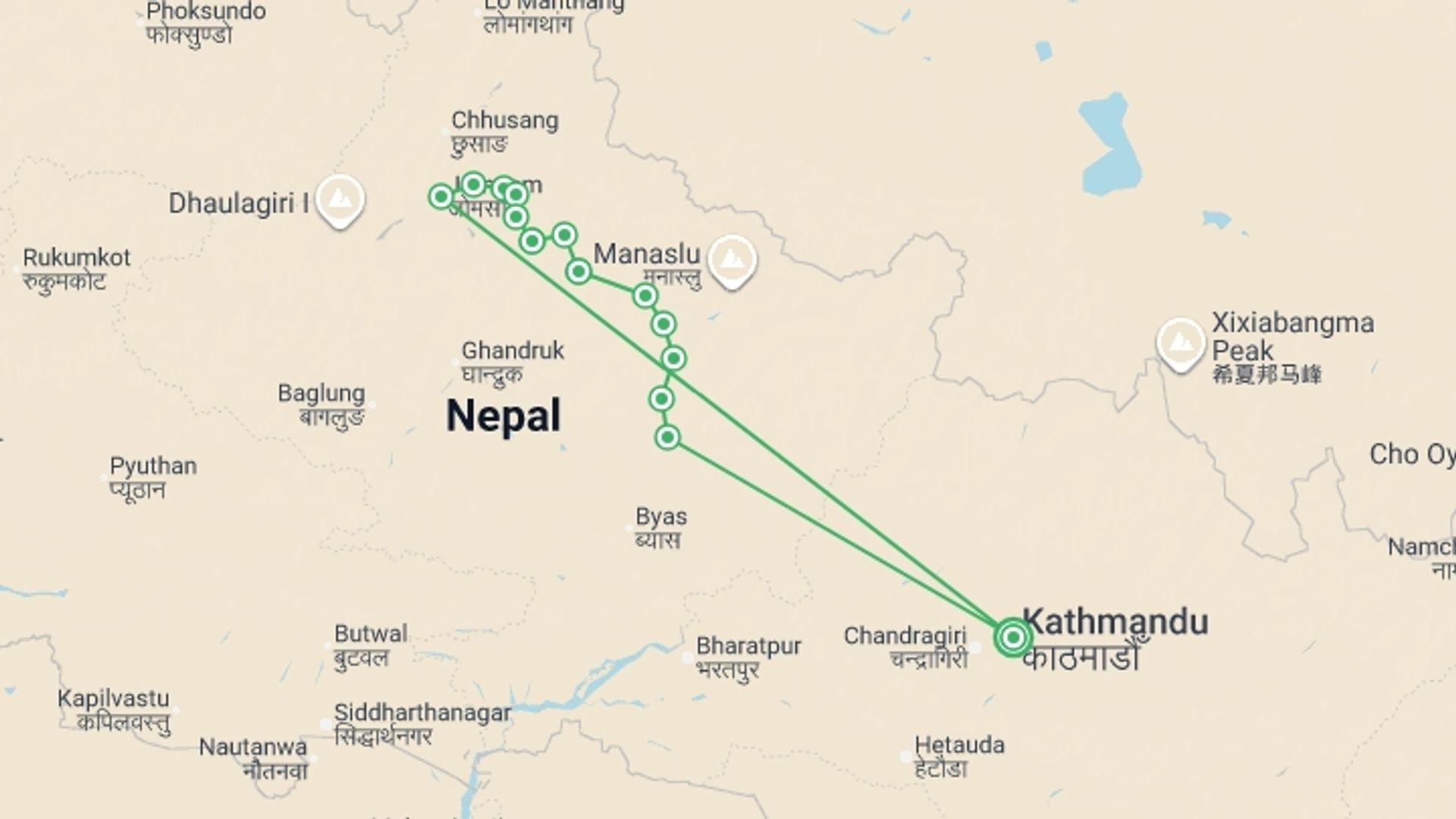 A map showing the tour itinerary for the trip: Annapurna Circuit via Kang La and Nar, starting in Kathmandu, Nepal and ending in Kathmandu, Nepal going through 12 other destinations.