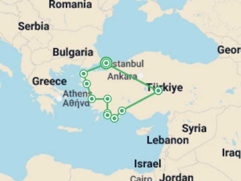 Map of 15-Day Europe Tour with 10 destination visits for the trip: Real Turkey