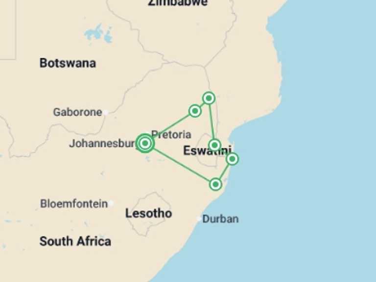 Map itinerary of Kruger National Park Tour in March 2027 with 7 destination visits for the trip: South Africa Family Safari with Teenagers