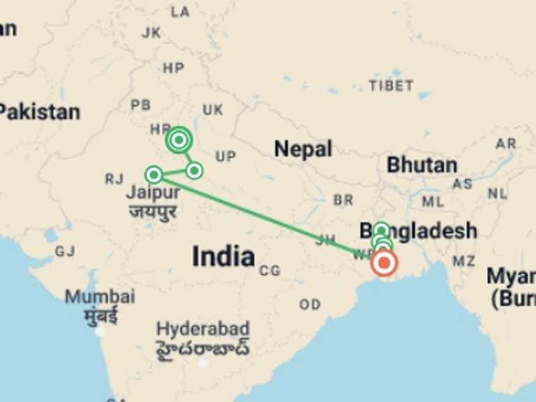 Map of 13-Day India Tour with 8 destination visits for the trip: India's Golden Triangle & the Sacred Ganges (2026)