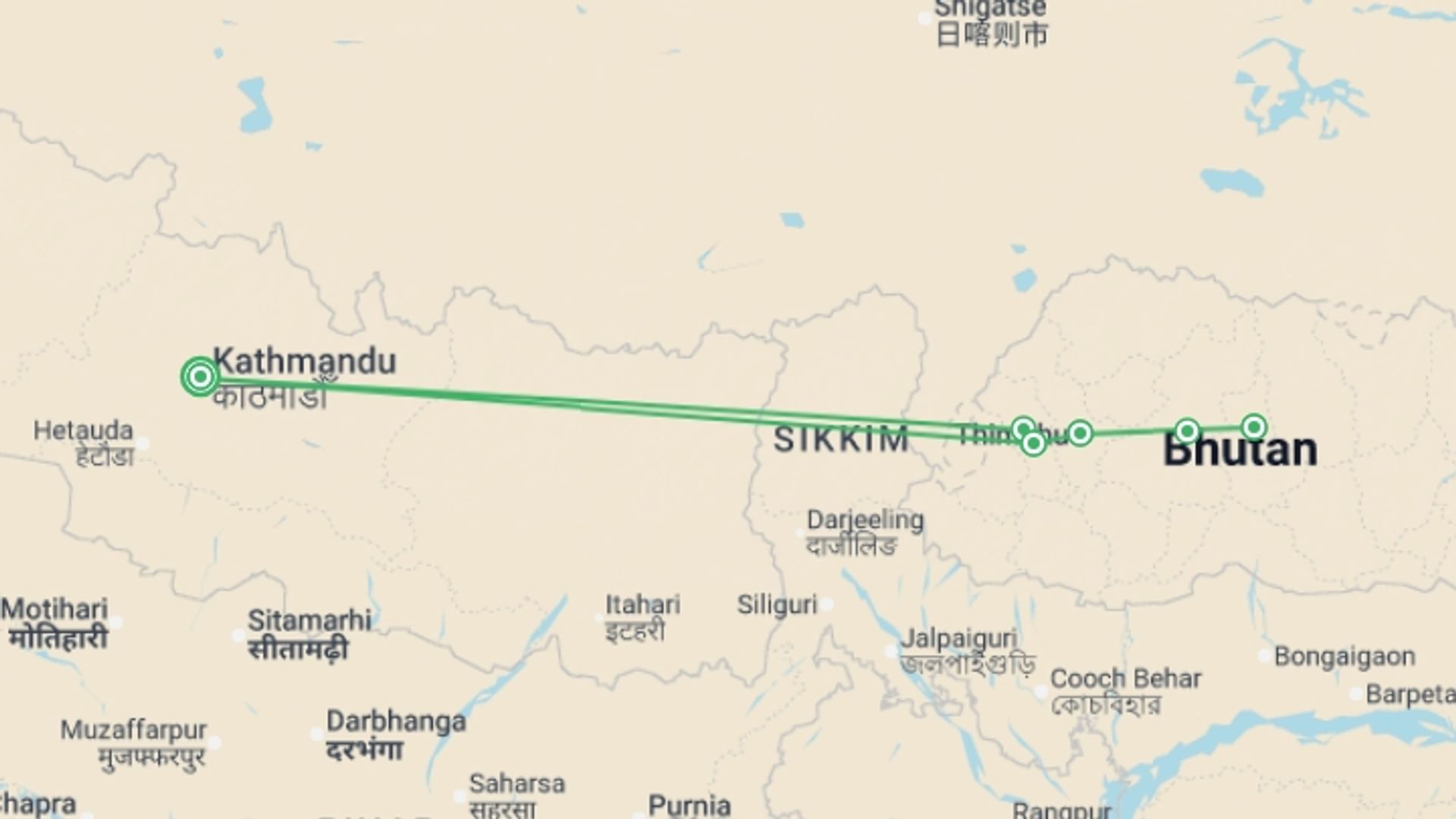 A map showing the tour itinerary for the trip: Festivals of Bhutan – Trongsa, starting in Kathmandu, Nepal and ending in Kathmandu, Nepal going through 5 other destinations.
