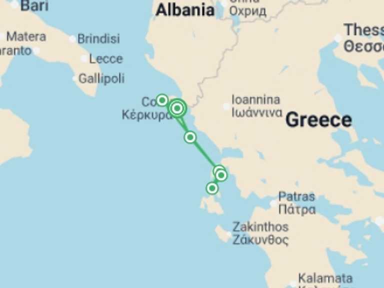 Map itinerary of Corfu Tour in Summer with 6 destination visits for the trip: Greek Islands Family Adventure