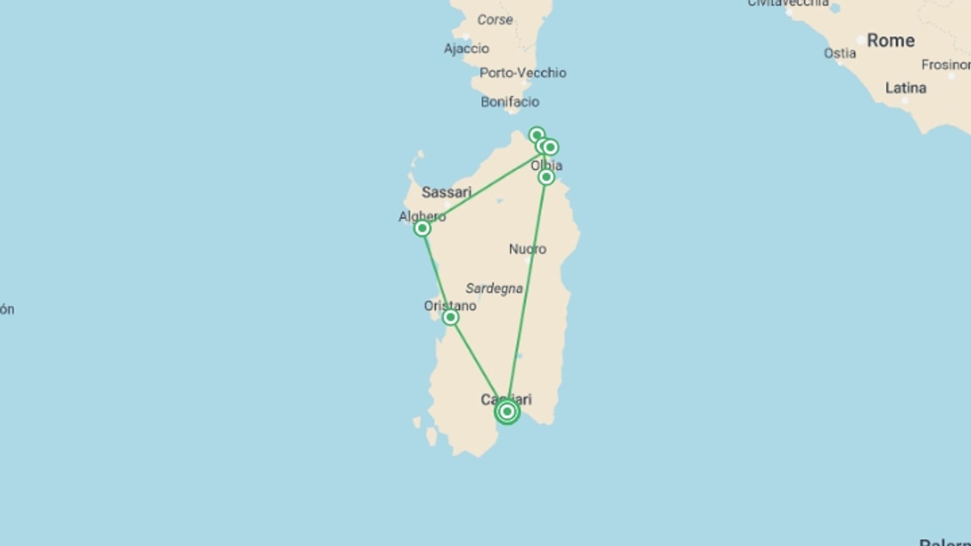 A map showing the tour itinerary for the trip: Best Of Sardinia, Self-drive, starting in Cagliari, Italy and ending in Cagliari, Italy going through 4 other destinations.