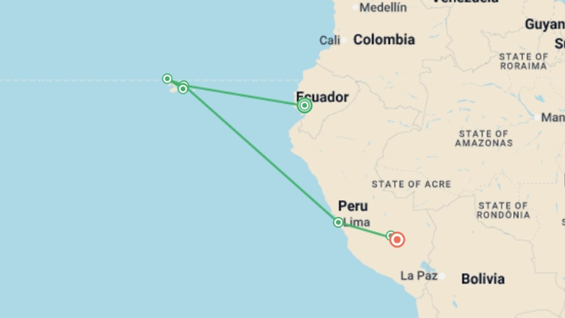 A map showing the tour itinerary for the trip: Picturesque Solo Ecuador and Peru Tour, starting in Guayaquil, Ecuador and ending in Cusco, Peru going through 5 other destinations.