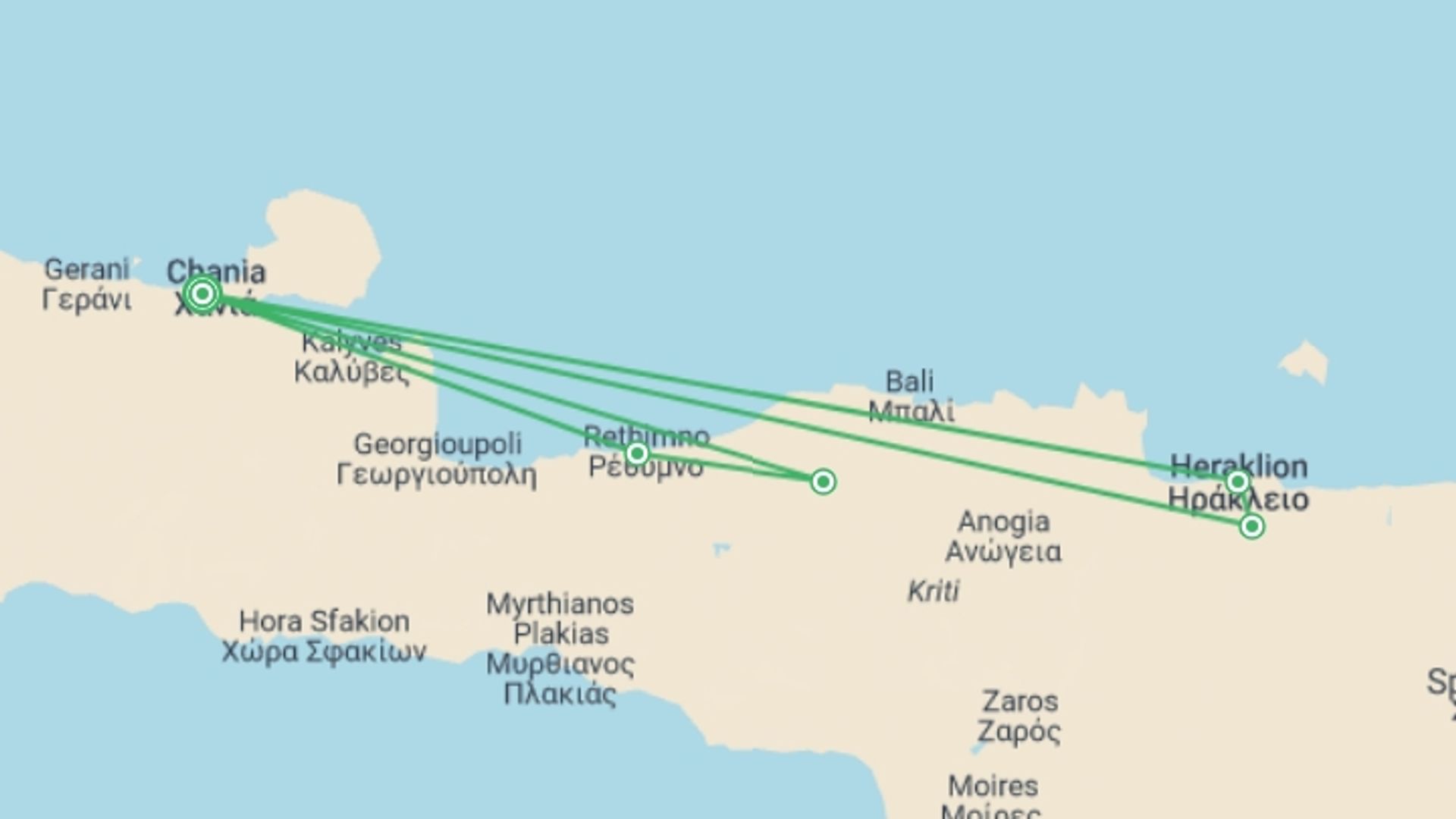A map showing the tour itinerary for the trip: Crete Through The Minoan, Byzantine & Venetian Ages, Private Tour, starting in Chania, Greece and ending in Chania, Greece going through 0 other destinations.
