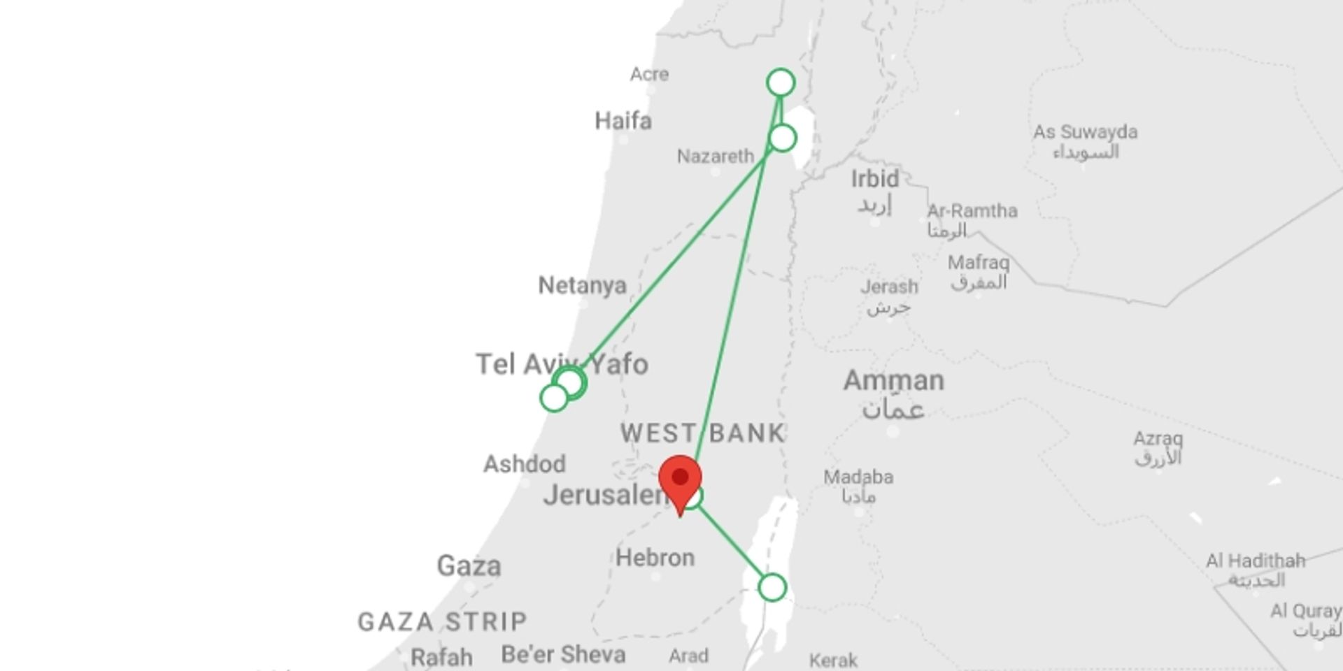 A map showing the tour itinerary for the trip: Heritage & Holy Land (5 Star) - 8 days, starting in Tel Aviv, Israel and ending in Bethlehem, Israel going through 5 other destinations.