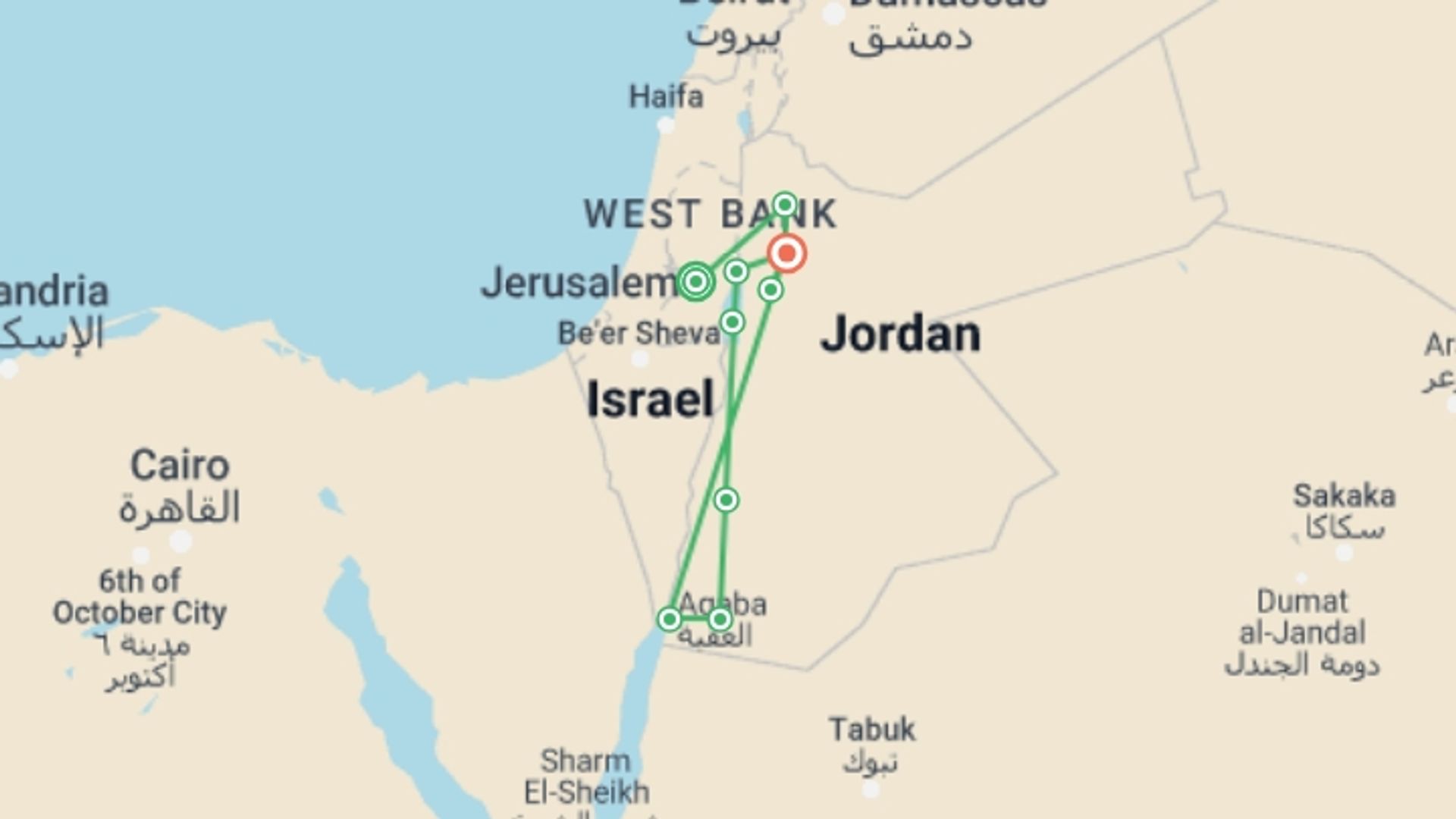 A map showing the tour itinerary for the trip: Jerusalem and unforgettable Jordan, starting in Jerusalem, Israel and ending in Amman, Jordan going through 4 other destinations.