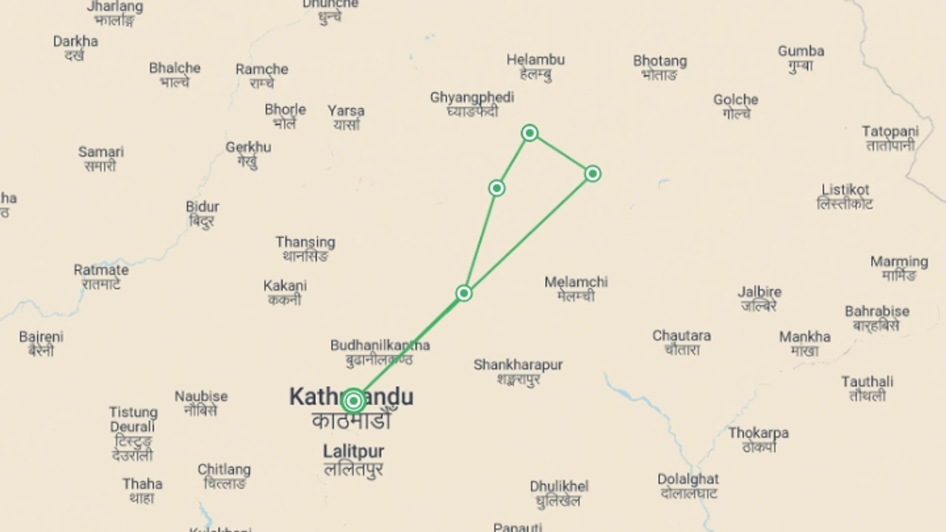 A map showing the tour itinerary for the trip: Helambu Culture Trek, starting in Kathmandu, Nepal and ending in Kathmandu, Nepal going through 5 other destinations.