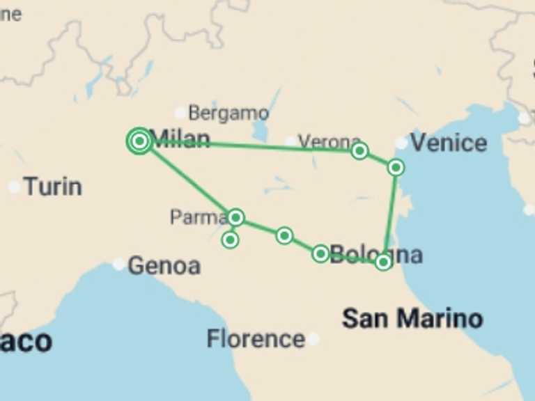 Map itinerary of Milan Tour in May 2026 with 5 destination visits for the trip: A Taste of Medieval Italy