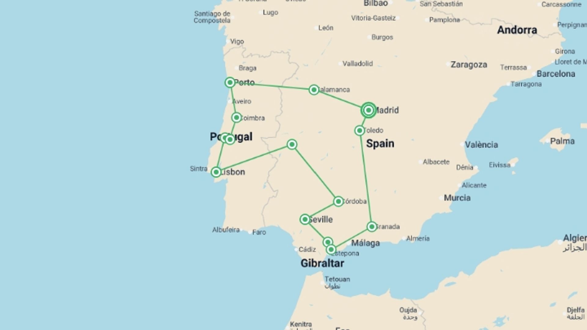 A map showing the tour itinerary for the trip: Best Of Spain and Portugal, starting in Madrid, Spain and ending in Madrid, Spain going through 7 other destinations.