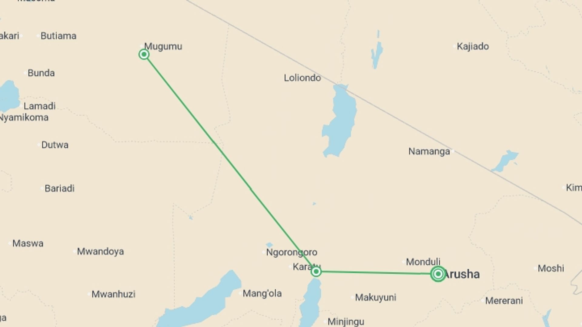 A map showing the tour itinerary for the trip: Tanzania Adventure, starting in Arusha, Tanzania and ending in Arusha, Tanzania going through 2 other destinations.