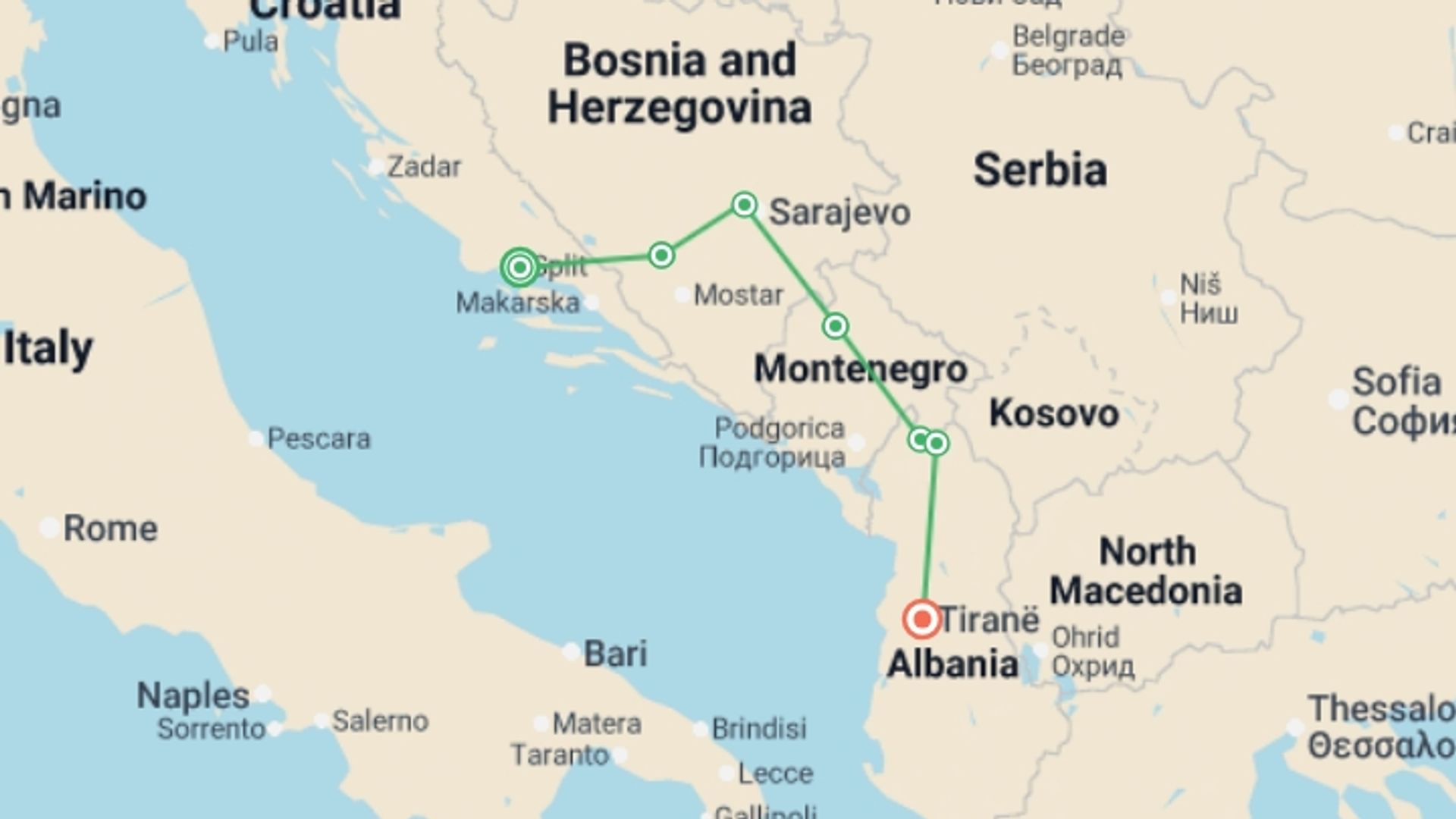 A map showing the tour itinerary for the trip: Hiking the Balkans: Via Dinarica, starting in Split, Croatia and ending in Tirana, Albania going through 5 other destinations.