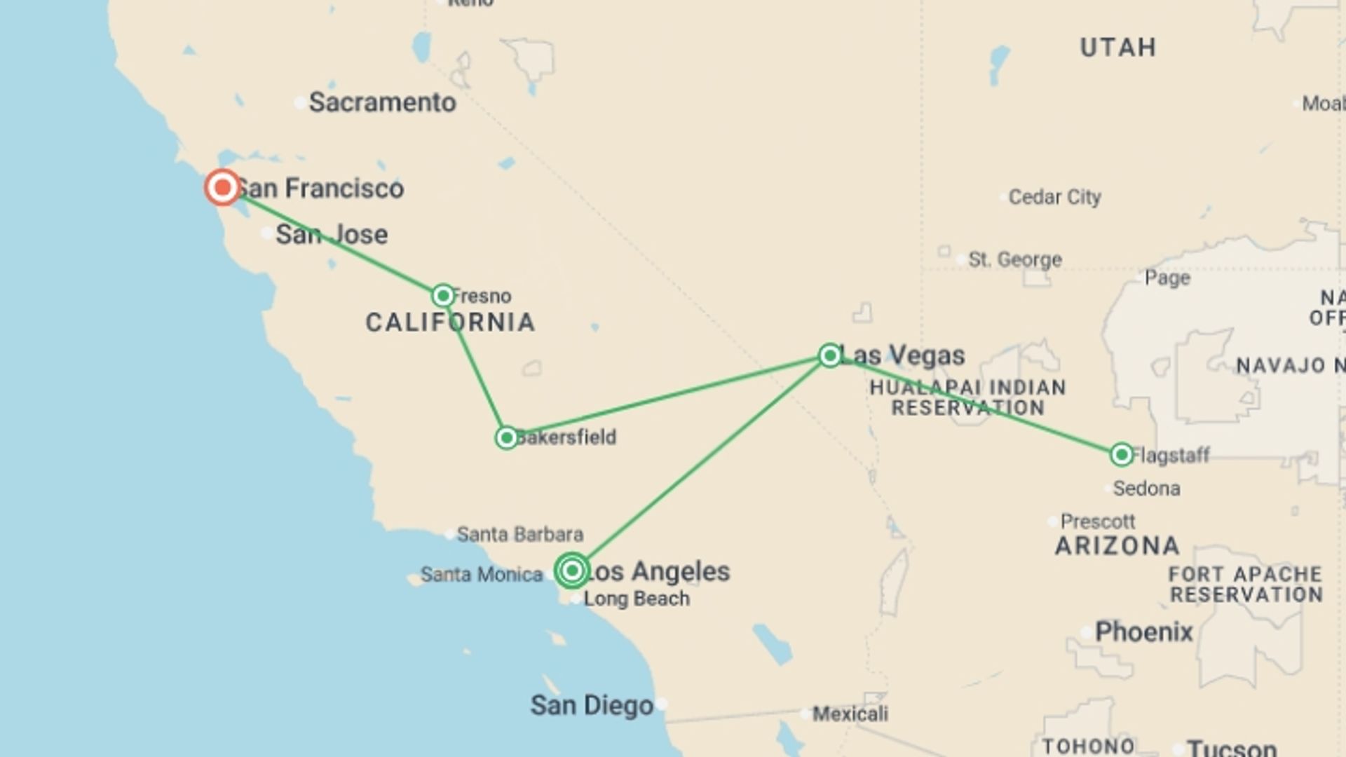 A map showing the tour itinerary for the trip: Dreams of the West end in San Francisco, starting in Los Angeles, USA and ending in San Francisco, USA going through 4 other destinations.