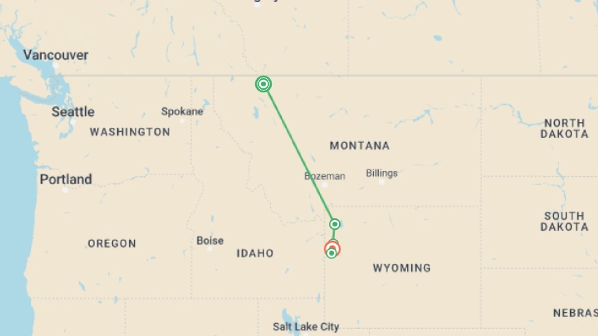 A map showing the tour itinerary for the trip: Yellowstone Walks & Wildlife, starting in undefined, Canada and ending in undefined, USA going through 0 other destinations.