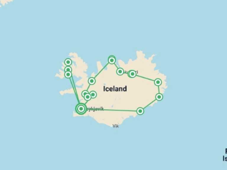Map of Iceland Tour with 7 destination visits for the trip: Iceland Ring Road & Wild Westfjords Journey - 9 days