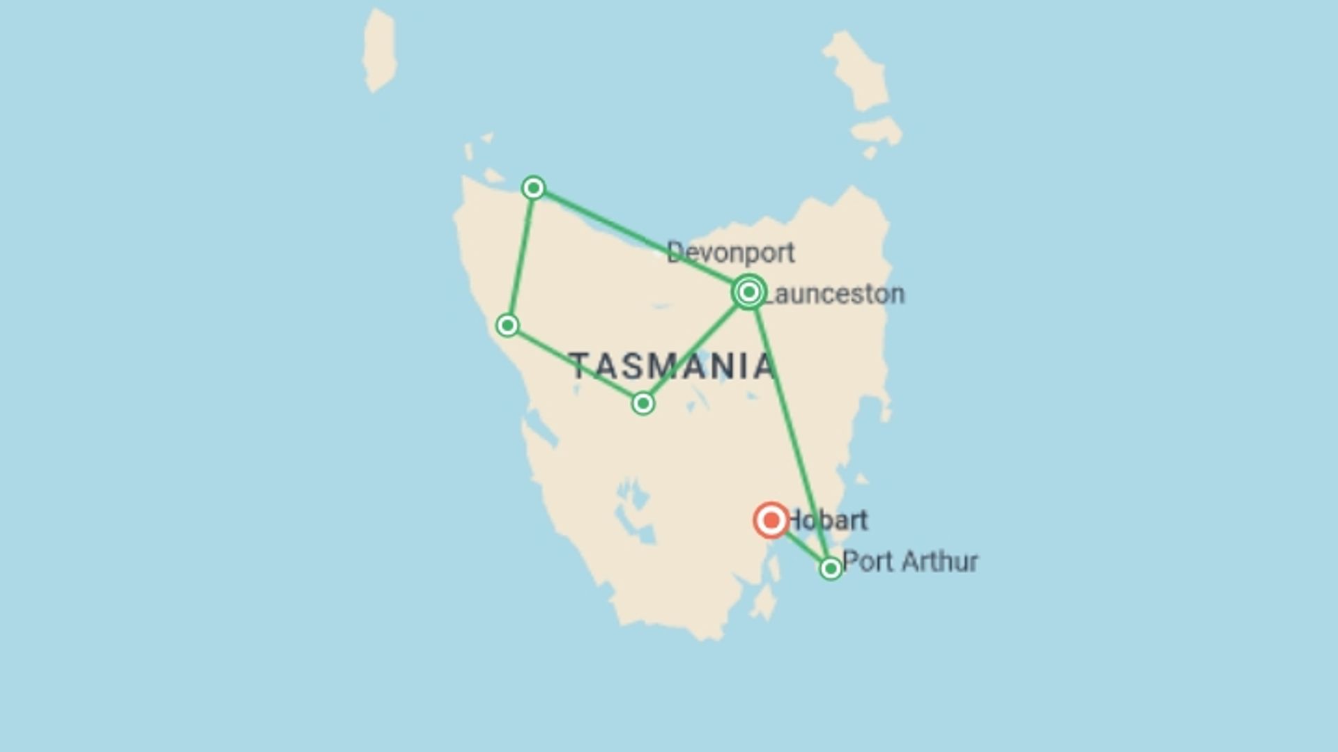 A map showing the tour itinerary for the trip: Best of Tasmania, starting in Launceston, Australia and ending in Hobart, Australia going through 4 other destinations.