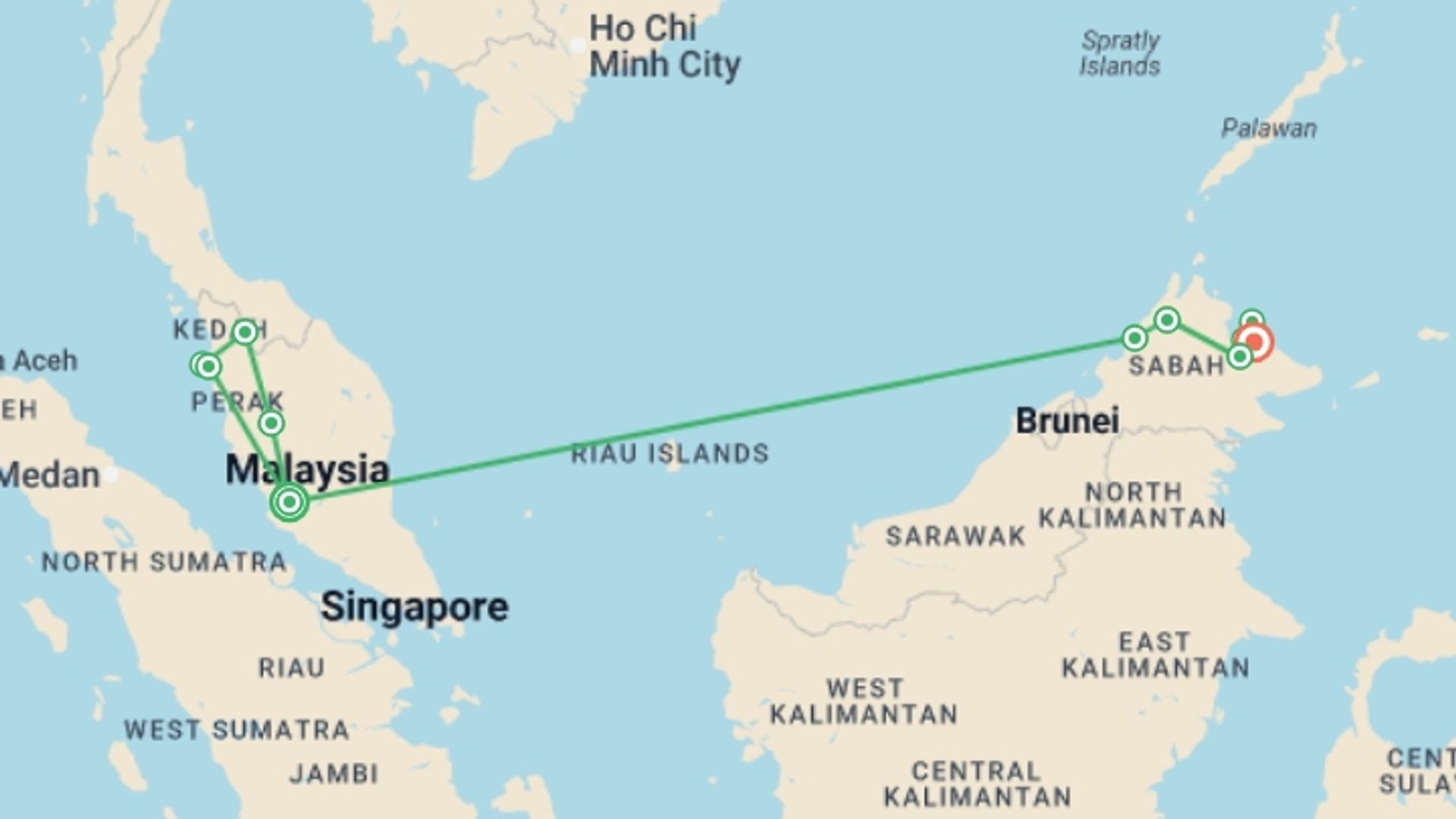 A map showing the tour itinerary for the trip: Malaysia's Ultimate Adventure, starting in Kuala Lumpur, Malaysia and ending in Sandakan, Malaysia going through 9 other destinations.